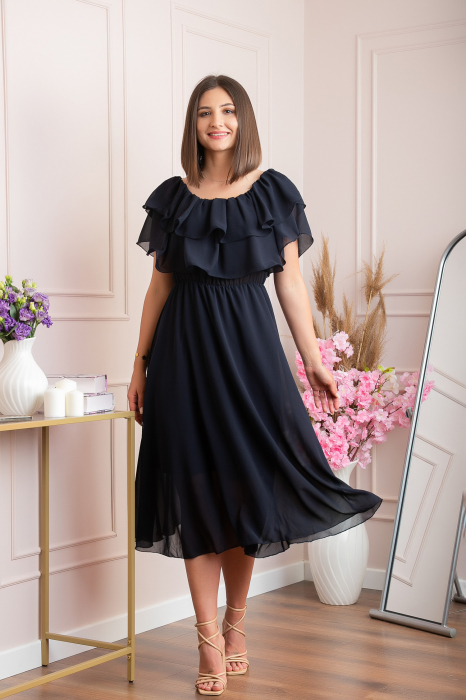 Rochie Joyce eleganta din voal cu volane - Bleumarin
