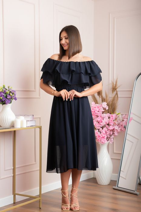 Rochie Joyce eleganta din voal cu volane - Bleumarin [2]