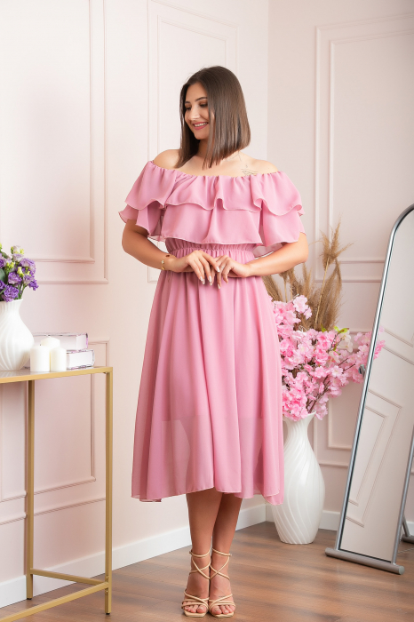 Rochie Joyce eleganta din voal cu volane - Roz pudrat [2]