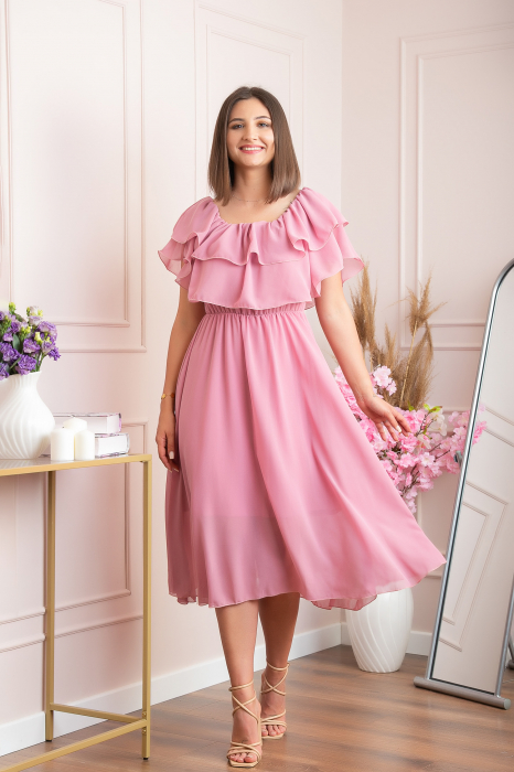 Rochie Joyce eleganta din voal cu volane - Roz pudrat
