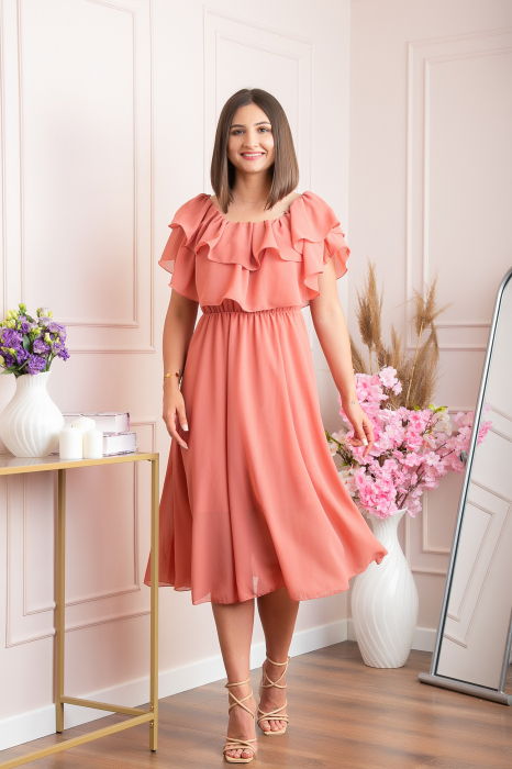 Rochie Joyce eleganta din voal cu volane - Roz somon