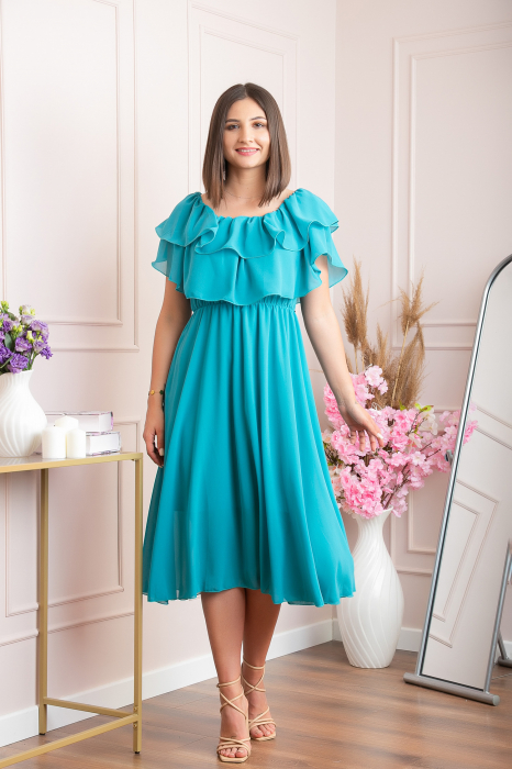 Rochie Joyce eleganta din voal cu volane - Turcoaz