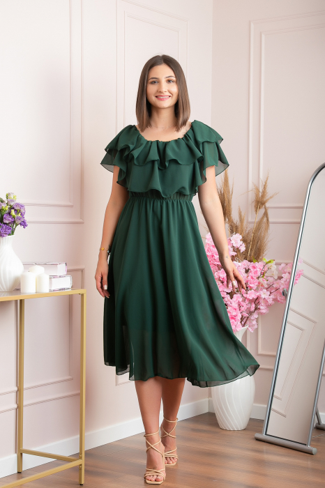 Rochie Joyce eleganta din voal cu volane - Verde