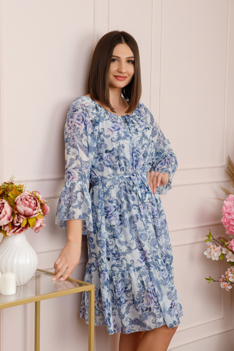 Rochie Juliette din voal cu volanase si imprimeu floral albastru [3]