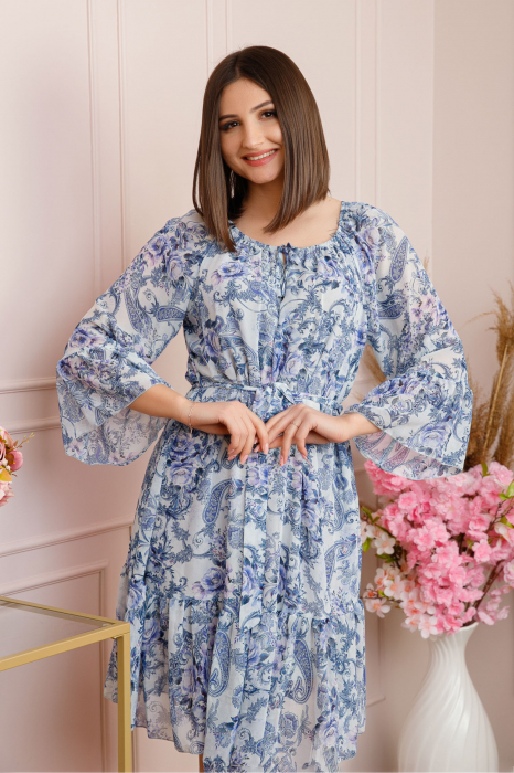 Rochie Juliette din voal cu volanase si imprimeu floral albastru [2]