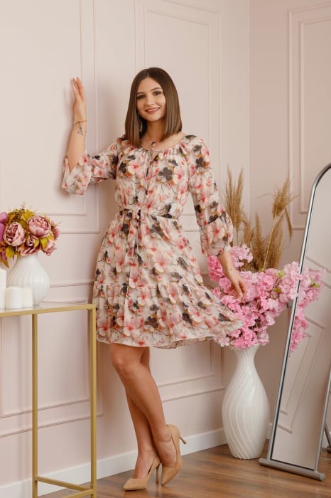 Rochie Juliette din voal cu volanase si imprimeu floral corai [3]