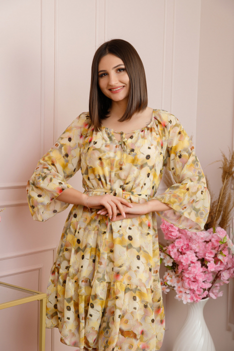 Rochie Juliette din voal cu volanase si imprimeu floral crem [2]