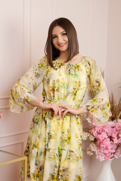 Rochie Juliette din voal cu volanase si imprimeu floral galben [2]