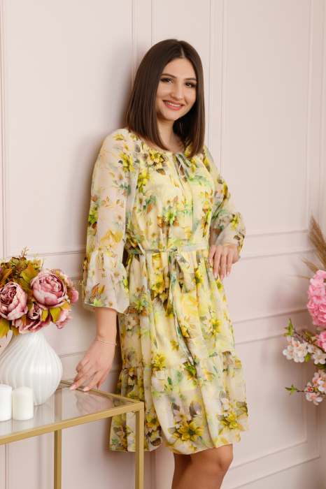 Rochie Juliette din voal cu volanase si imprimeu floral galben [3]