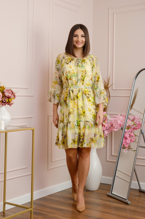 Rochie Juliette din voal cu volanase si imprimeu floral galben [4]