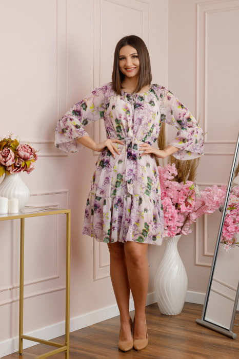 Rochie Juliette din voal cu volanase si imprimeu floral lila