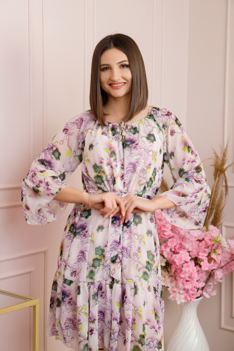 Rochie Juliette din voal cu volanase si imprimeu floral lila [2]