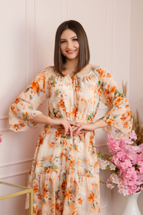 Rochie Juliette din voal cu volanase si imprimeu floral orange [2]