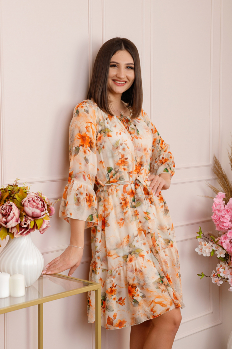 Rochie Juliette din voal cu volanase si imprimeu floral orange [3]