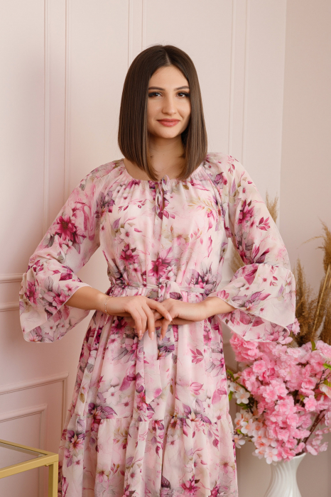 Rochie Juliette din voal cu volanase si imprimeu floral roz pastel [2]