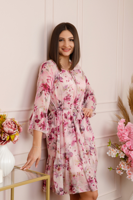 Rochie Juliette din voal cu volanase si imprimeu floral roz pastel [3]