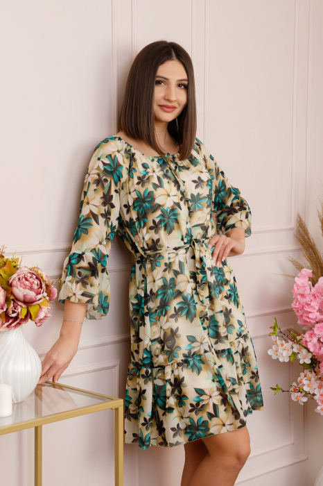Rochie Juliette din voal cu volanase si imprimeu floral turcoaz [3]