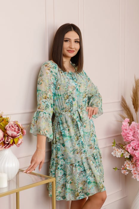 Rochie Juliette din voal cu volanase si imprimeu floral verde [3]
