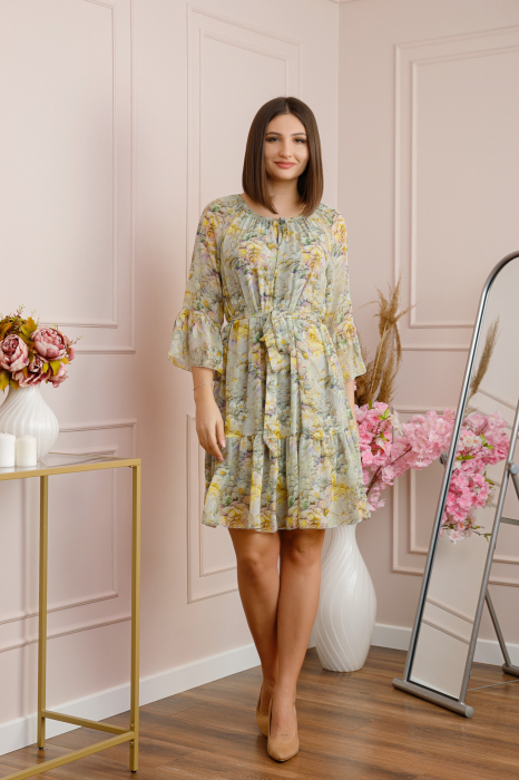 Rochie Juliette din voal cu volanase si imprimeu floral verde pastel [4]