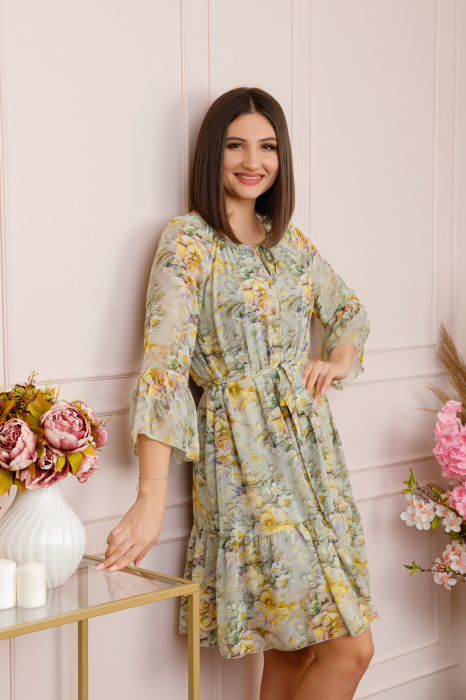 Rochie Juliette din voal cu volanase si imprimeu floral verde pastel [3]