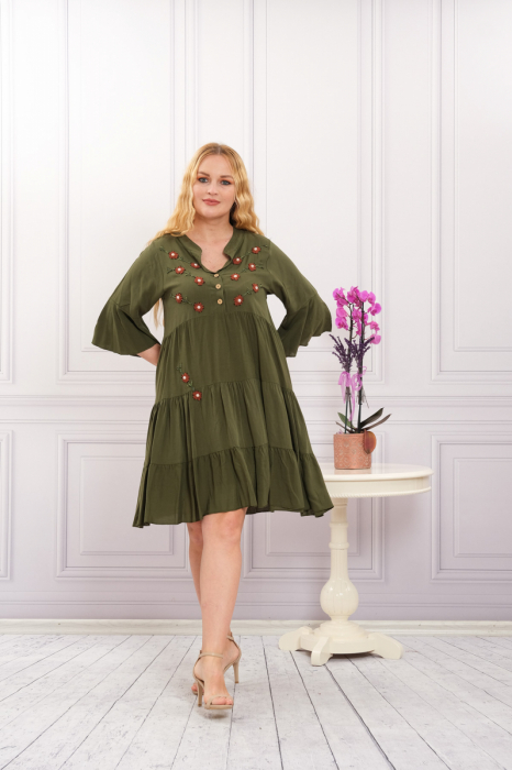 Rochie kaki boho chic cu aplicatie florala cusuta [2]