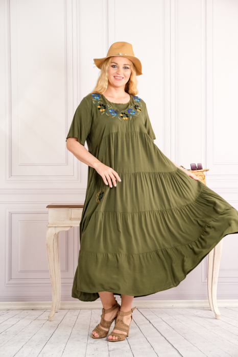 Rochie kaki boho chic cu aplicatie florala pe bust [2]