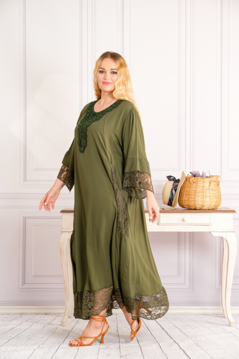 Rochie kaki boho chic cu buzunare din dantela [2]