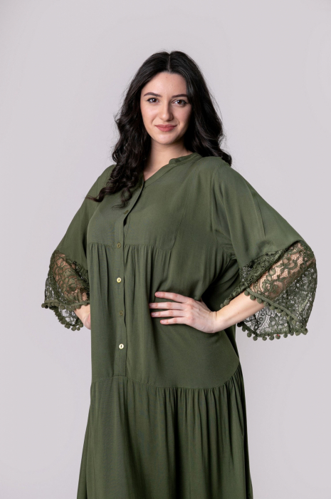 Rochie kaki lunga boho chic cu volane si dantela [3]