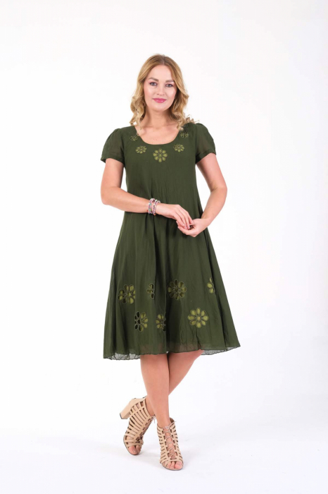 Rochie kaki cu detaliu floral perforat [4]