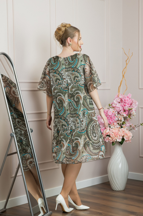 Rochie kaki din voal cu imprimeu Paisley si maneci fluture [4]