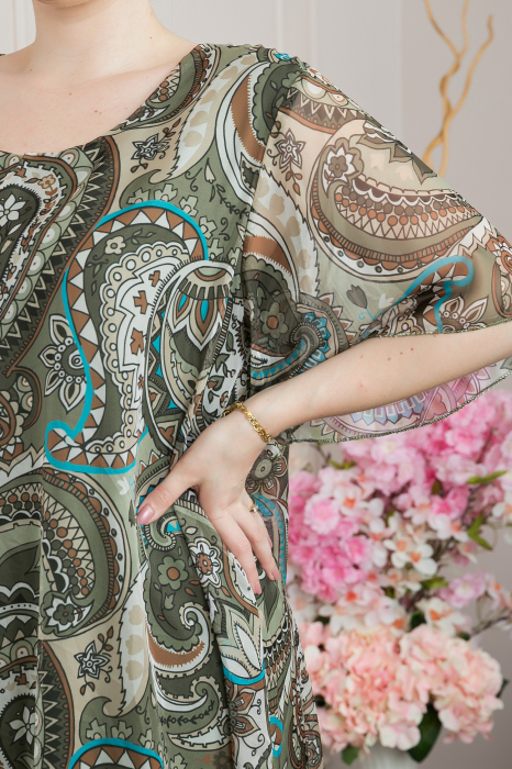 Rochie kaki din voal cu imprimeu Paisley si maneci fluture [2]