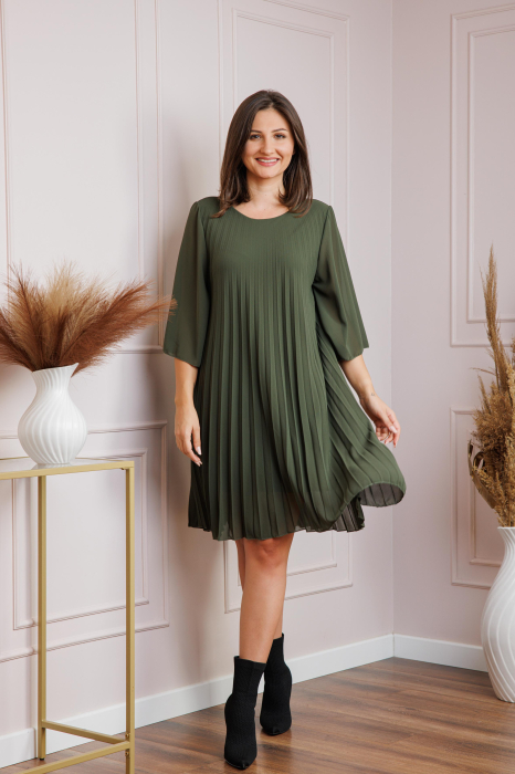 Rochie kaki din voal plisat cu maneci 3/4 Tina [4]