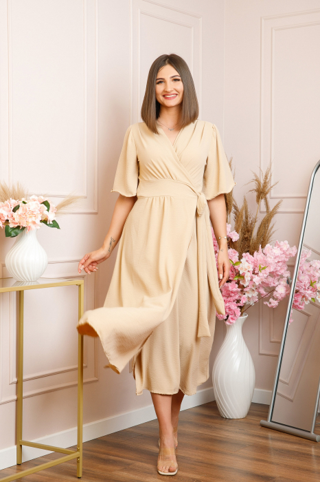 Rochie Lara petrecuta cu maneci scurte - Crem