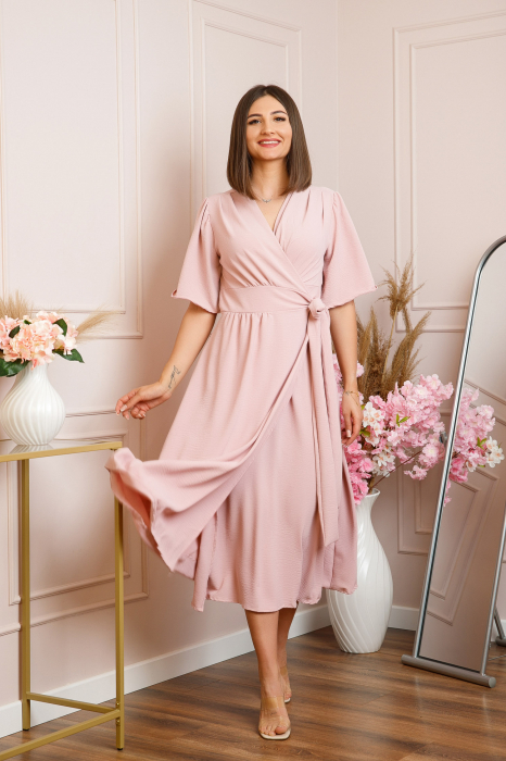 Rochie Lara petrecuta cu maneci scurte - Roz pastel