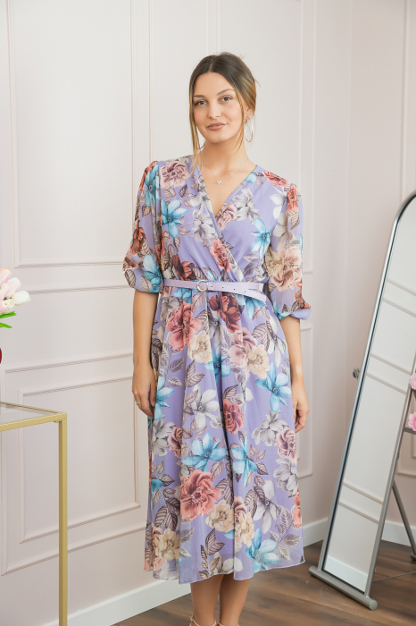 Rochie lila din voal cu imprimeu floral si curea ajustabila [3]