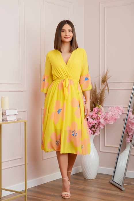 Rochie Lucy eleganta din voal cu imprimeuri florale - Galben [4]