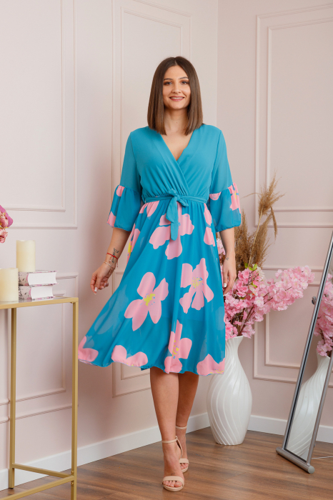 Rochie Lucy eleganta din voal cu imprimeuri florale - Turcoaz [4]
