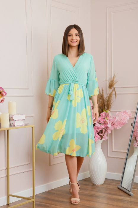 Rochie Lucy eleganta din voal cu imprimeuri florale - Verde mint [4]