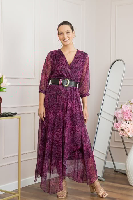 Rochie lunga eleganta cu animal print fuchsia si centura in talie [3]