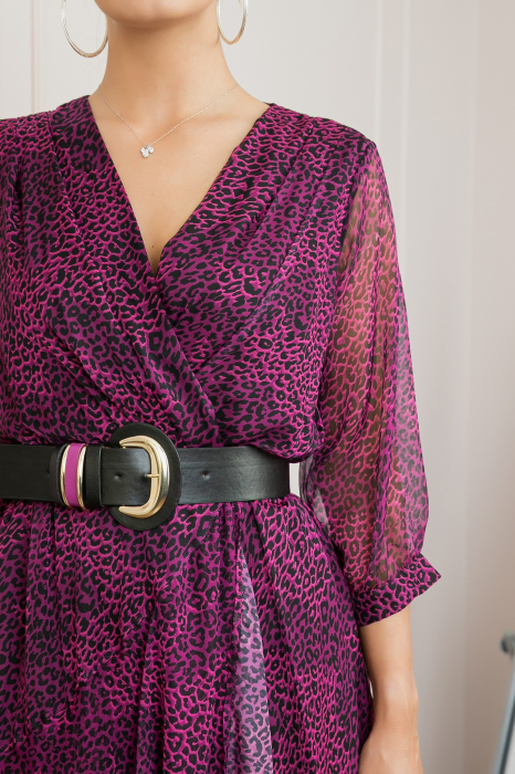 Rochie lunga eleganta cu animal print fuchsia si centura in talie [2]