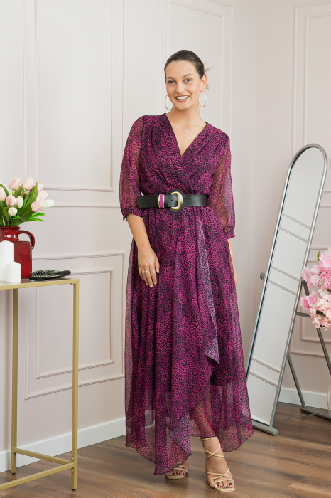 Rochie lunga eleganta cu animal print fuchsia si centura in talie [4]