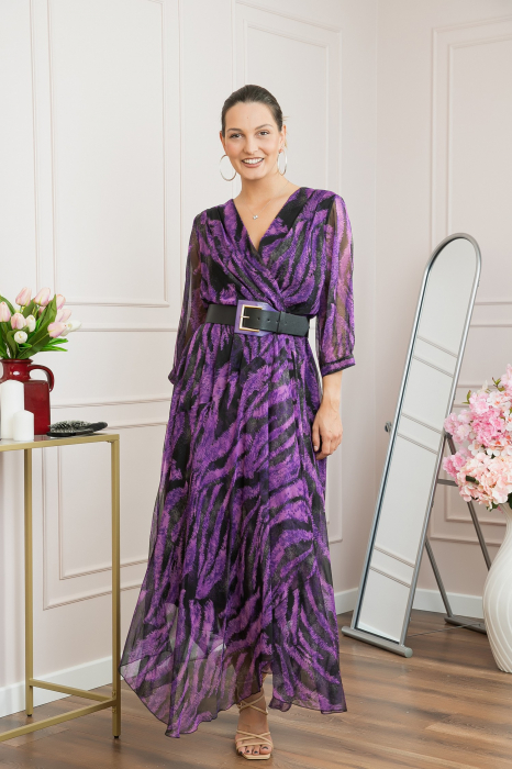 Rochie lunga eleganta cu animal print mov si centura in talie [3]