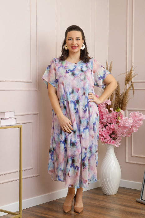 Rochie Margot din voal cu baza asimetrica si imprimeu abstract mov [4]