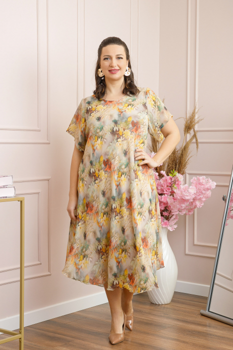 Rochie Margot din voal cu baza asimetrica si imprimeu floral bej [4]