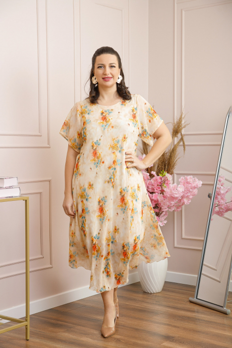 Rochie Margot din voal cu baza asimetrica si imprimeu floral crem [4]