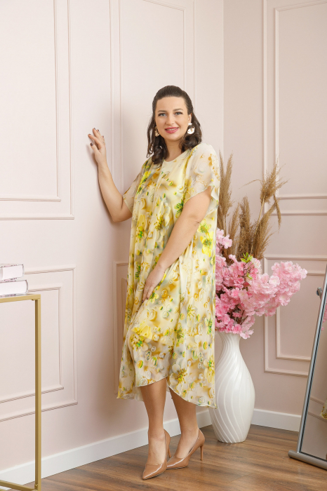 Rochie Margot din voal cu baza asimetrica si imprimeu floral galben [3]