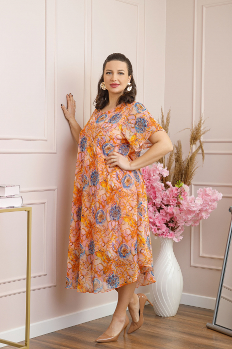 Rochie Margot din voal cu baza asimetrica si imprimeu floral orange [3]
