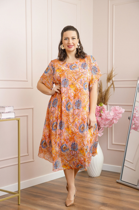 Rochie Margot din voal cu baza asimetrica si imprimeu floral orange [4]