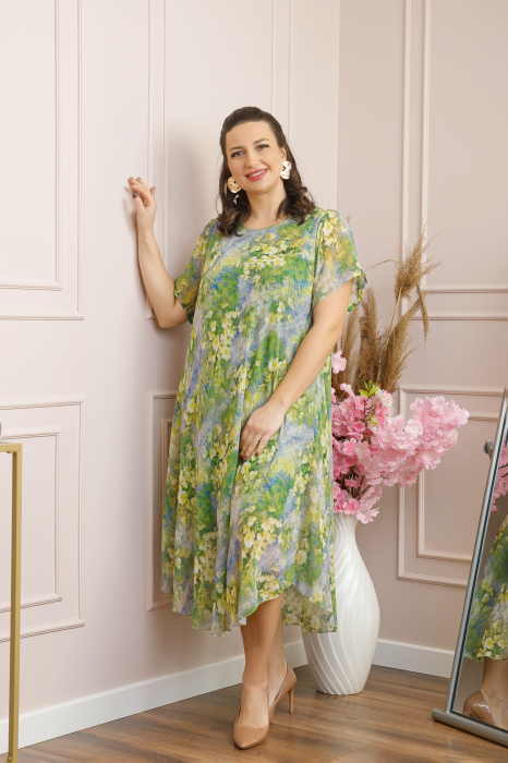Rochie Margot din voal cu baza asimetrica si imprimeu floral verde [3]