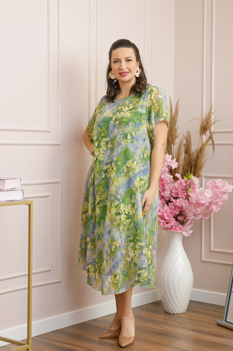Rochie Margot din voal cu baza asimetrica si imprimeu floral verde [4]